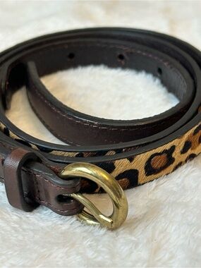LOFT Brown Skinny Leather Leopard Print Belt with Brass Buckle